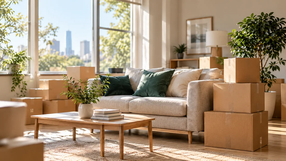 Cardboard moving boxes by a sofa in a sunlit home